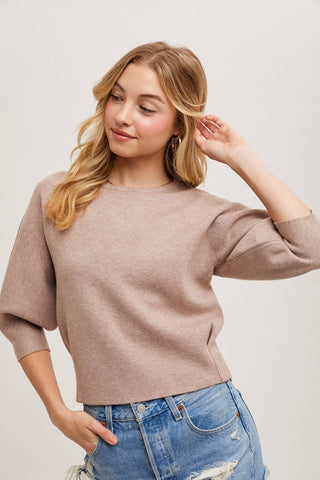 PUFFED 3/4 SLEEVED KNIT SWEATER TOP: LATTE / S