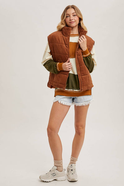 CORDUROY QUILTED PUFFER VEST: ECRU / S