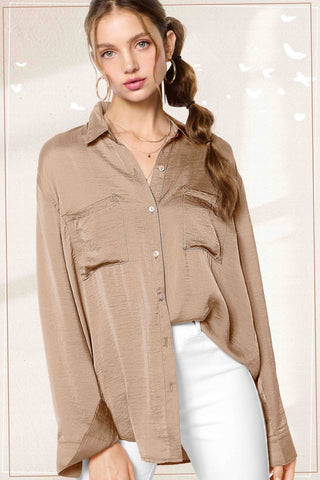 SRT7452-Silky and Flowy Button Down Long Sleeve Shirts: Khaki / M