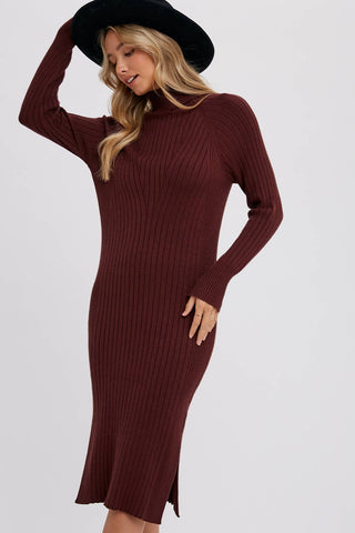 TURTLENECK RIBBED SWEATER MIDI DRESS: CHOCOLATE / S