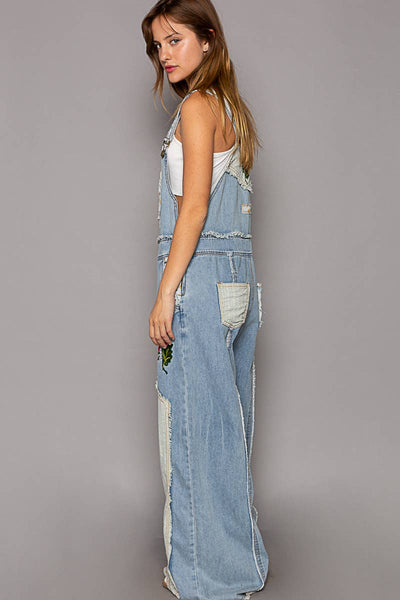 Floral patchwork embroidery overall: M / STRIPE DENIM