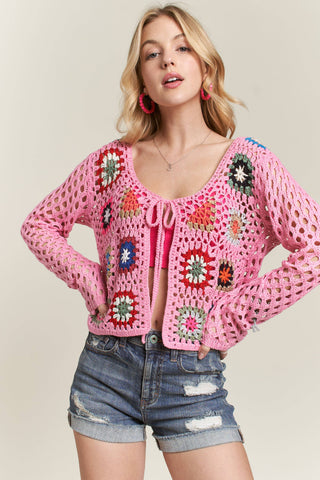 CESW3574 - FRONT TIE CROCHET CARDIGAN: WHITE / M