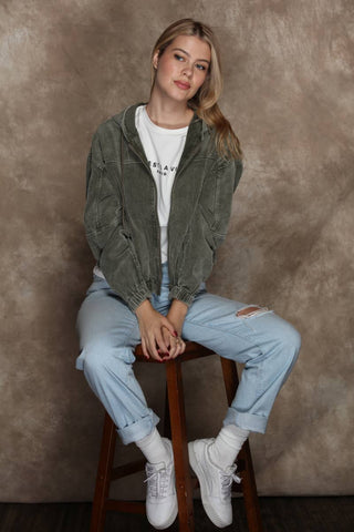 Washed Corduroy Zip Up Hoodie Bomber