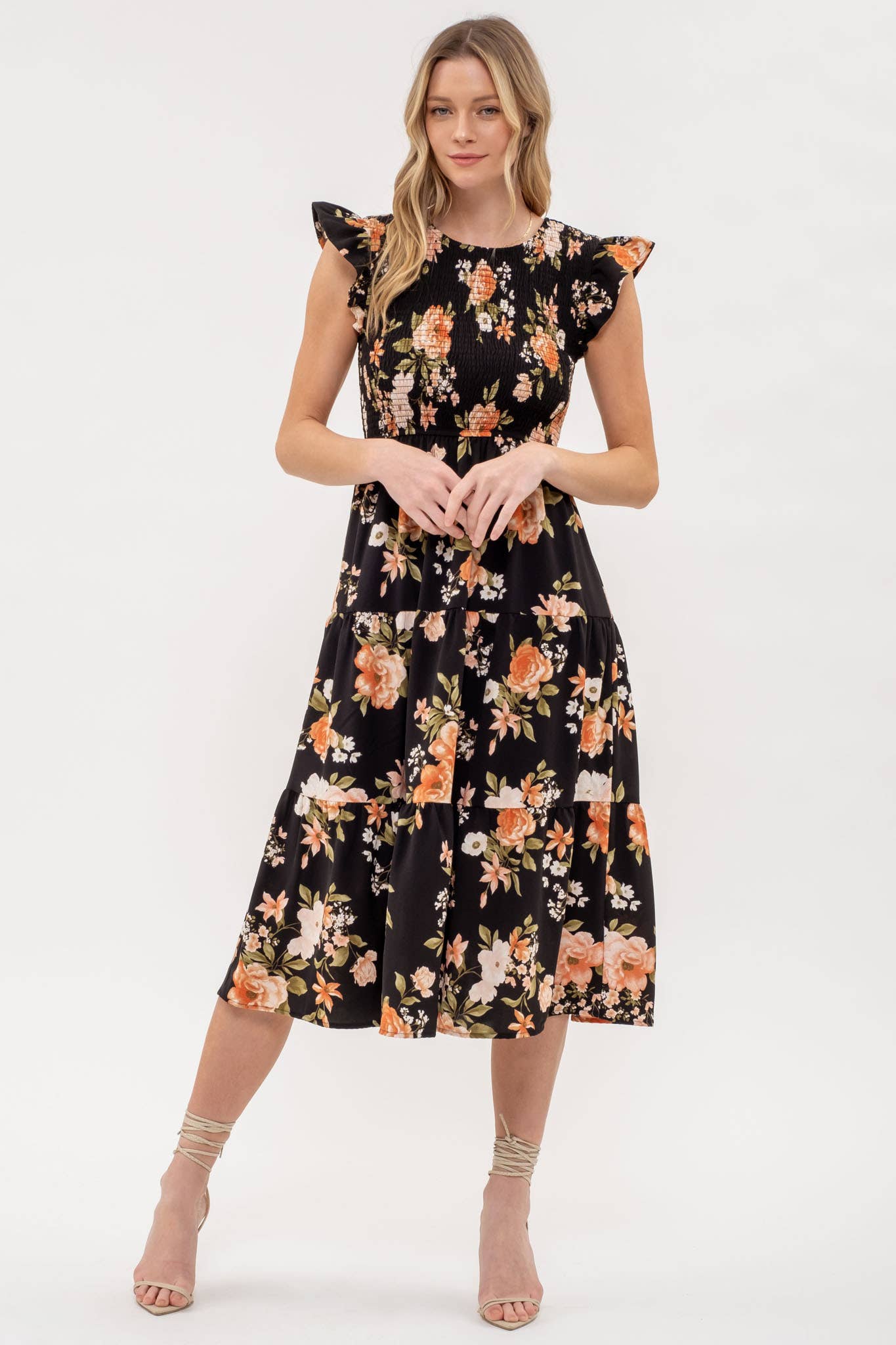 SMOCKED TIERED FLORAL MIDI DRESS: BLACK MULTI