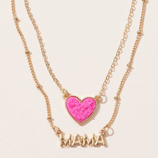 Mama Pendant & Druzy Stone Heart Set Necklace: Gold / One / BNE3093