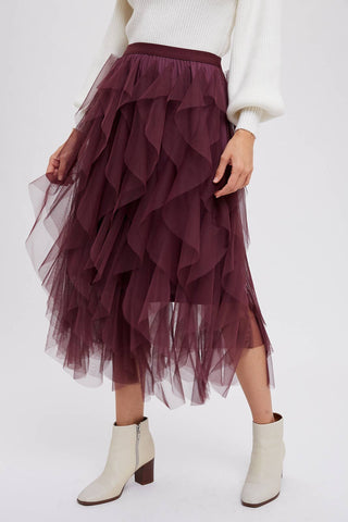 SPRIAL RUFFLED TULLE MIDI SKIRT: PLUM / M