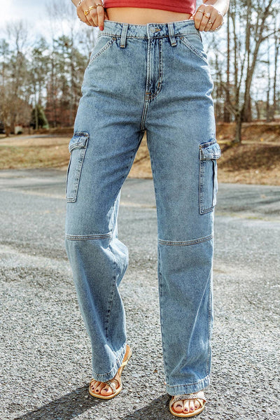 Sky Blue Cool Cargo Style Wide Leg Jeans: Sky Blue / 12 / 71.5%Cotton+25%Polyester+2%Viscose+1.5%Elastane