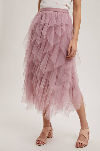 SPRIAL RUFFLED TULLE MIDI SKIRT: PLUM / M