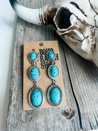 Western Three Stone Drop Stud Earrings: Turquoise