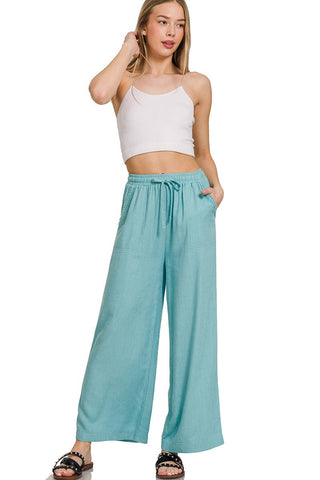 Wide-leg Linen Blend Pants With Pockets: 1-2-2-1 (S-M-L-XL) / LT MOCHA