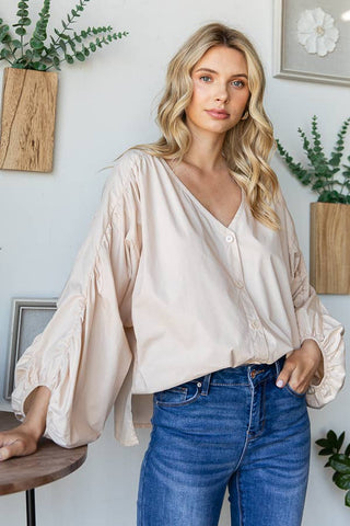 Loose Flowy Top with Ruched Sleeves