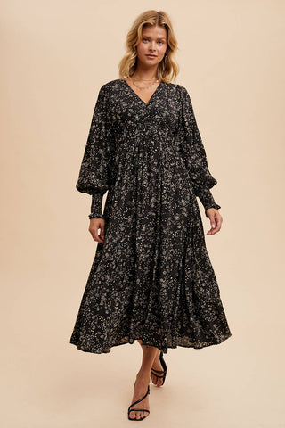 VISCOSE FLORAL BUTTON MAXI DRESS: OLIVE / S