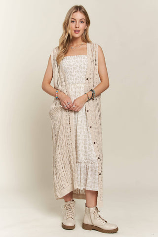 CEJ3614 - BUTTON DOWN CROCHET LONG CARDIGAN: BEIGE / M/L