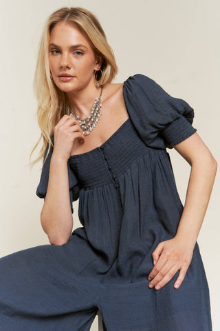 Smoked Neck WIDE LEG JUMPSUIT - JJS5034 (Plus available): NAVY / XL