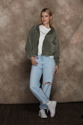 Washed Corduroy Zip Up Hoodie Bomber