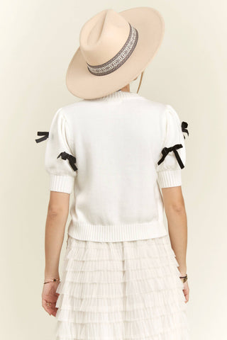 LESW3666 - LOVELY BOW SWEATER TOP: WHITE / L