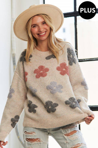 LESW3591X - PLUS PUFF FLOWER COMFY SWEATER: BEIGE / 2XL