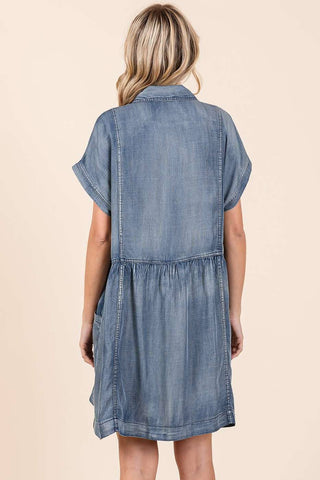 WASHED CHAMBRAY PATCH POCKET SHIRT MINI DRESS: DARK DENIM / L