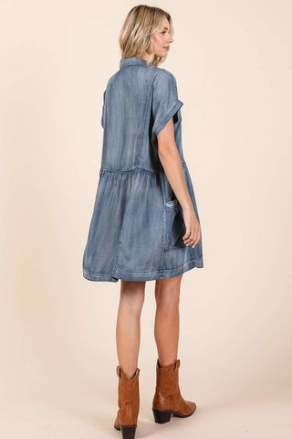 WASHED CHAMBRAY PATCH POCKET SHIRT MINI DRESS: DARK DENIM / L