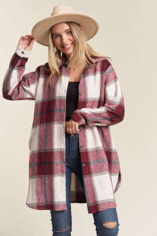 LEJ2587- PLAID SHACKET BUTTON DOWN SIDE POCKETS: PINK CHECK / M