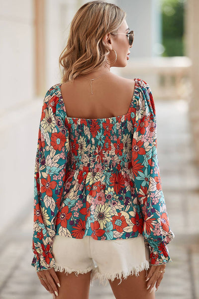 Printed Floral Print Smocked Puff Sleeve Peplum Blouse: Missy / XL / AS SHOWN