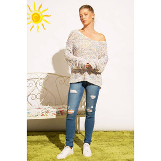 LOOSE POPCORN KNIT BOAT NECK PULLOVER