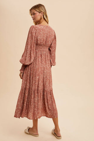 VISCOSE FLORAL BUTTON MAXI DRESS: OLIVE / S