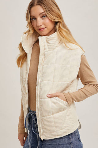 CORDUROY QUILTED PUFFER VEST: ECRU / M