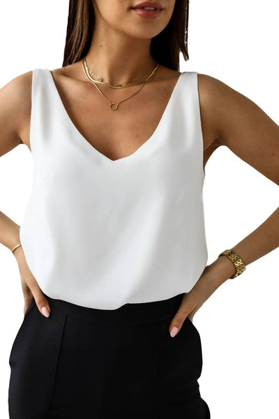 White Solid Color Deep V-Neck Loose Tank Top: M / White / 100%Polyester