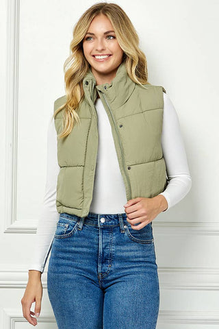 Lightweig Padded Crop Puffer Vest, Sleeveless Puffer Vest: Khaki / L