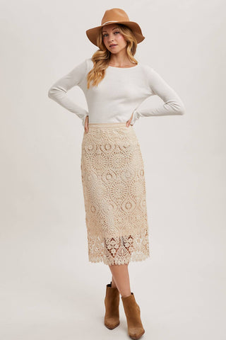 LACE MIDI SKIRT WITH INNER LINING: Beige / S