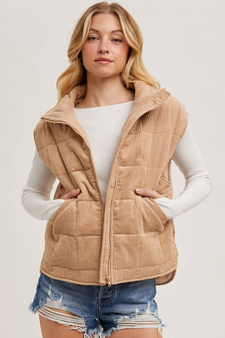 CORDUROY QUILTED PUFFER VEST: ECRU / M