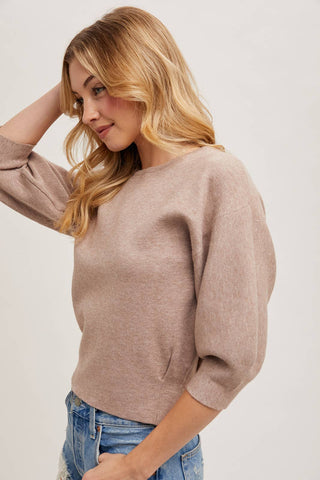 PUFFED 3/4 SLEEVED KNIT SWEATER TOP: LATTE / S