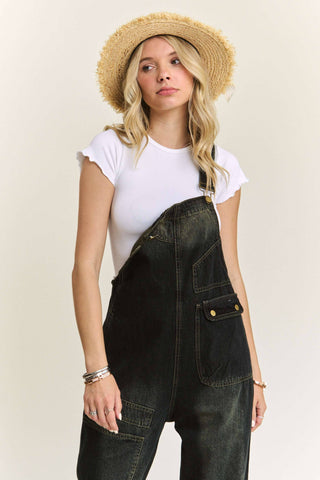 LEJP3648- WASHED DENIM CASUAL OVERALLS: DENIM BLACK / M