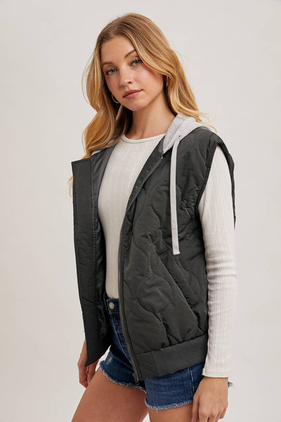 ZIPPER FRONT QUILTED PUFFER VEST CONTRAST HOODIE: ARMY GREEN / S/M