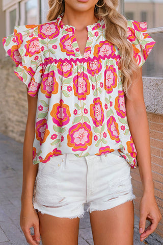 LDC Boho Floral Print Ricrac Ruffle Sleeve Blouse
