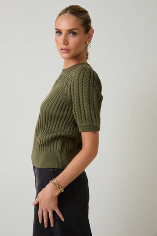 ROUND NECK PUFF SHORT SLEEVE CABLE SWEATER