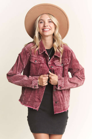 LEJ3662WN - FRAYED HEM CORDUROY JACKET: BURGUNDY / L