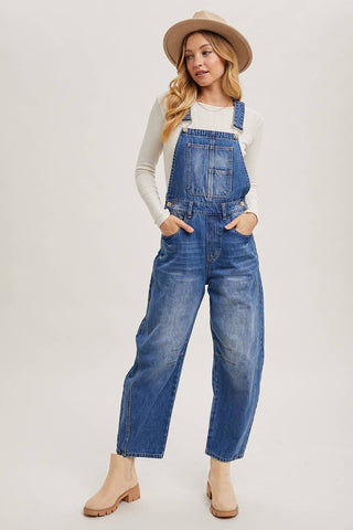 DENIM BARREL OVERALLS: DK.WASH / M