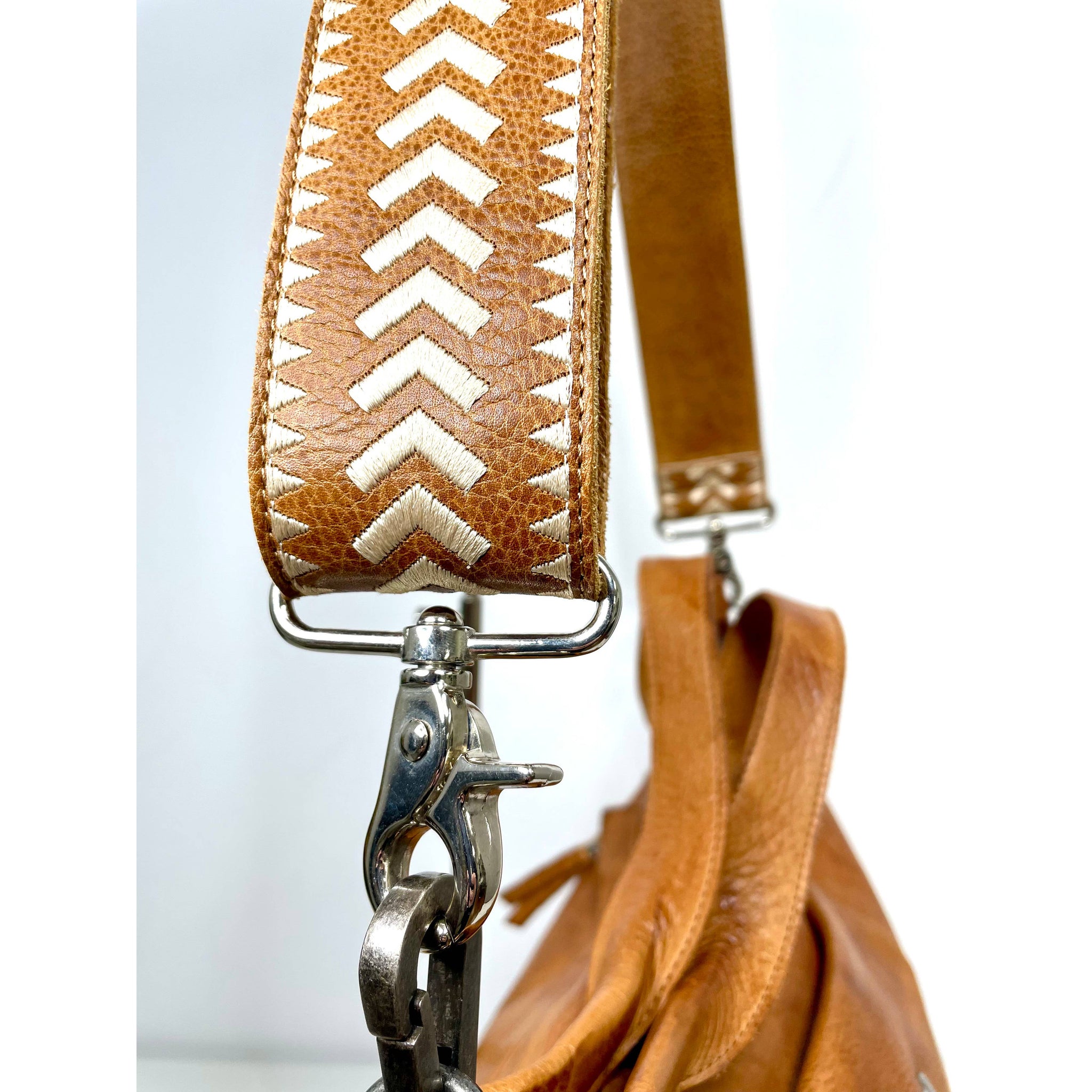 Archer Handcrafted Wide Leather Embroidered Shoulder Strap: Cognac