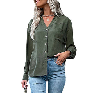 Army Green Casual Lapel Buttoned Blouse