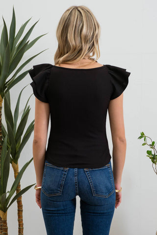 DOUBLE RUFFLE SLEEVE RIBBED KNIT TOP (PRE-ORDER): BLACK