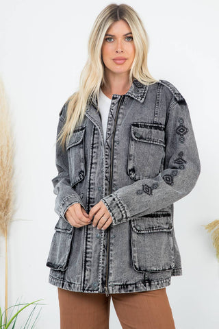 Stone Washed Anorak Jacket w/ Aztec Embroidery