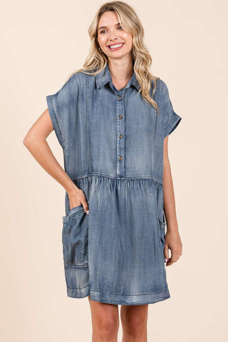 WASHED CHAMBRAY PATCH POCKET SHIRT MINI DRESS: DARK DENIM / L