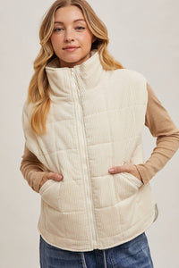 CORDUROY QUILTED PUFFER VEST: ECRU / L