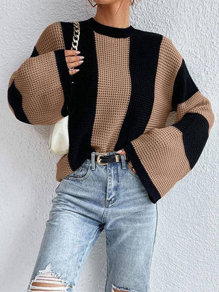 Flared Sleeves Long Sleeves Contrast Color Round-Neck Knitwear Pullovers Sweater Tops