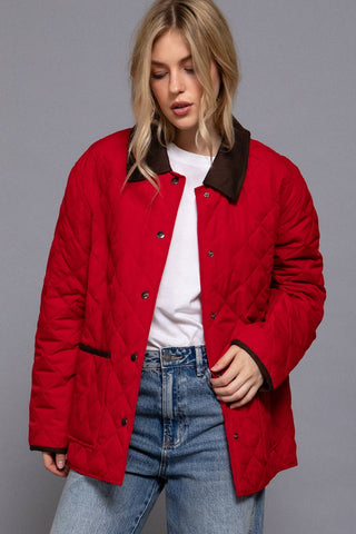 Long Sleeve Contrast Lapel Collar Quilted Puffer Work Jacket
