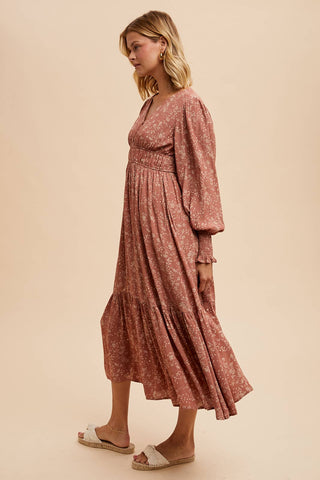 VISCOSE FLORAL BUTTON MAXI DRESS: OLIVE / S