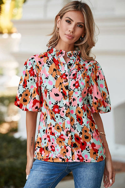 White Frilled High Neck Buttons Back Floral Blouse: M / Multi-Colored / Floral