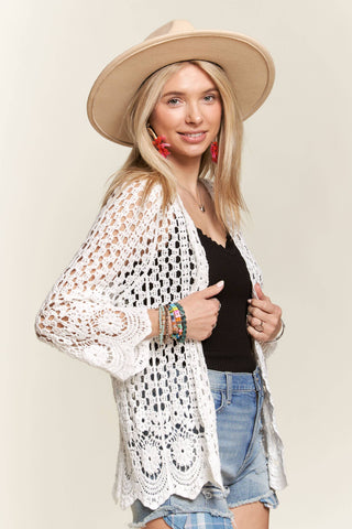 LET3546- CROCHET CARDIGAN WITH SCALLOP HEM: BEIGE / S/M